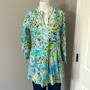 Lilly Pulitzer Sarasota Sea Soiree Beaded VNeck Cotton Tunic Top Green Blue Sz S